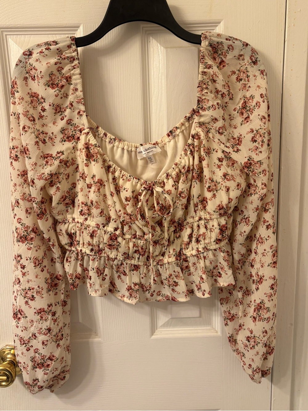 Cream Floral Smocked Tie-Front Crop Top